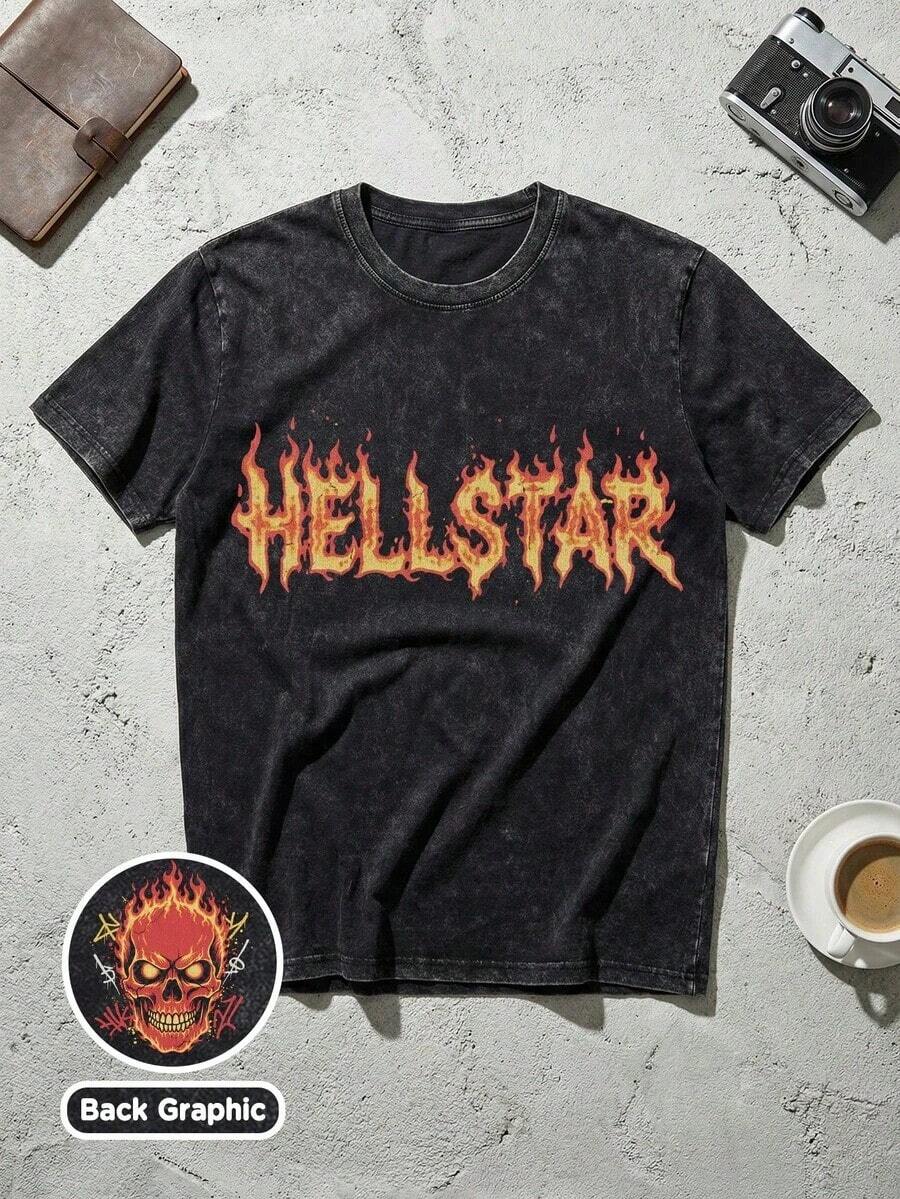 Unisex Streetwear, Men's Y2K Grunge Hellstars Slogan & Flaming Fire Text Graphic Double-Sided Print T-Shirt, Acid Washed Tee, Flaming Skull Dark Aesthetic Oversized T Shirt, Graphic Tees Men, Camisetas Para Hombre, Ropa De Hombre, Playera De Hombre, Navidad,Mens Clothes,Graphic Tee,Summer Clothes,Summer Tops,Easter Outfits,Spring Clothes ,Shirts - Black - View 1