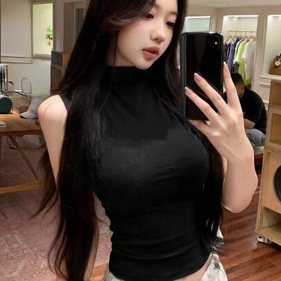 アメリカン セクシー レディ グレー ノースリーブ モックネック タイトフィット タンクトップ、ストレッチ スリムフィット キャミソール 夏カジュアル ブラック 春