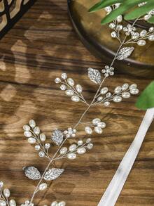 1pc Elegant Handmade Pearl & Rhinestone Bridal Headband, Silver Leaf Vine Wedding Hair Accessory, Bridesmaid Party Headpiece - Multicolor - View 12