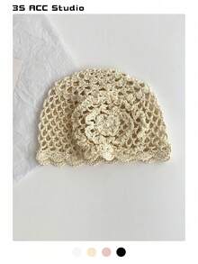1pc Summer Hollow Knit Hat, Vintage Versatile Handmade Woven Beanie, Thin Lightweight Skull Cap, Spring/Summer Slouchy Hat, Fashionable Lightweight Sun Protection Headwrap, Macaroon Color,Beach,Vacation - Pearl Flowers - View 1