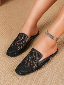 2026 New Vacation Style Lace Mesh Breathable Backless Comfortable Fashion Versatile Hollow Design Square Toe Women Flat Mule Shoes, Holiday Gift - Black - View 5
