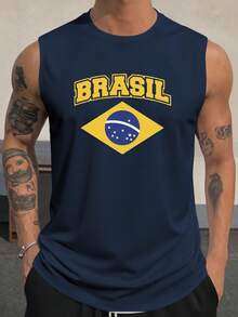 1pc Brasil Flag Design Print Print Men's Tank Top, Casual Sleeveless Athletic Tank Top, Breathable Comfy Tops - 寶藍色 - 查看 1
