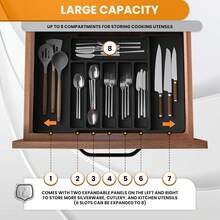 Silverware Drawer Organizer, Expandable Large Cutlery Tray, 6-8 Compartment Flatware Holder With Removable Dividers, For Forks Spoons Knives, Adjustable Kitchen Utensil Organizer, Black (22.4x15x11.3 In) - View 8