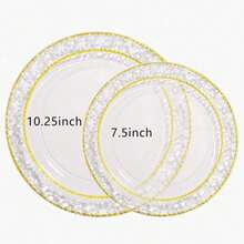 50个透明金色圆形餐盘（可重复使用），简约优雅，可用作水果盘、沙拉盘、派对餐盘、桌面装饰，可清洗、可堆叠、节省空间、可重复使用，适用于：生日、婚礼、户外野餐、家庭聚会、节日庆典、校园派对、圣诞节、感恩节、母亲节、情人节 - 彩色 - 查看 4