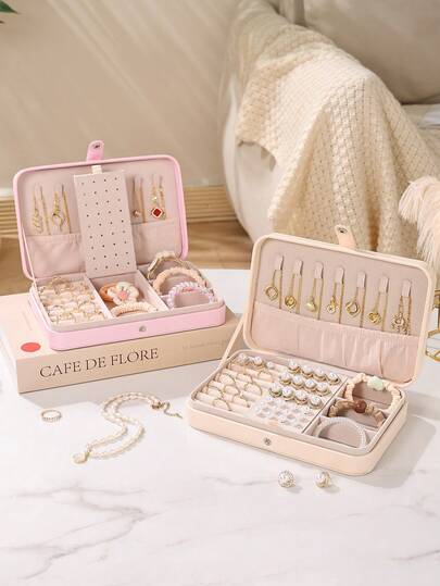 1个PU皮革小首饰盒，适合女性和女孩，双层便携迷你旅行首饰盒，可收纳耳环、戒指、项链、手链，圣诞礼物，返校礼物