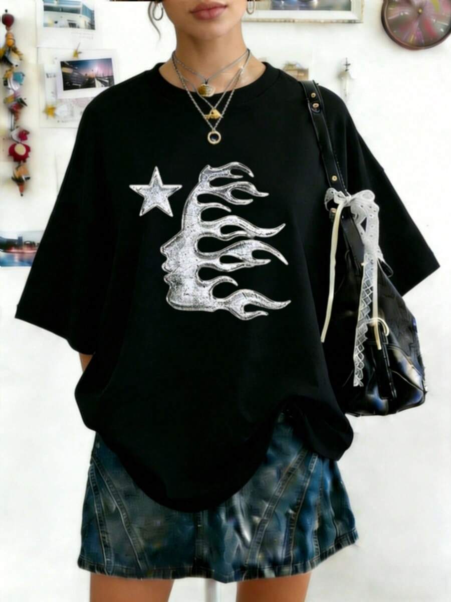 Plus Size Hellstars Path To Paradise Abstract Y2K Graphic T-Shirt,220g 100% Cotton,Round Neck Short Sleeve,Black Streetwear Essential For Summer Going Out,Unisex Style - Black - View 1