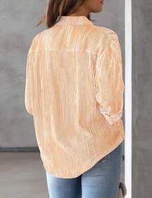 Women's Oversized Striped Long-Sleeve Comfortable Shirt - 橘色 - 查看 5