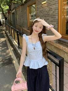 Áo sơ mi tay ngắn kẻ caro xanh trắng tối giản ngọt ngào - Màu xanh lam - Xem 4