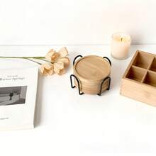 6件套日式竹木耐热杯垫，含1个铁架，木质茶杯垫，圆形耐热茶垫，禅意家居木质杯垫 - 彩色 - 查看 3