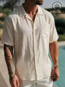 男士修身纹理衬衫，纯米色立领上衣，低调奢华纯棉衬衫，宽松简约夏季度假装 - 杏色 - 查看 1