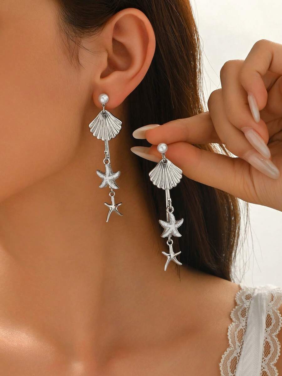 一对浪漫海洋风贝壳海星装饰流苏耳环，优雅仿珍珠耳环，迷人女士耳环，适合日常佩戴、海滩约会和度假。 - 彩色 - 查看 1