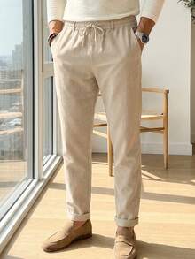 Men's Loose Linen Casual Pleated Straight Leg Pants, Breathable American Style For Spring & Summer - Khaki - View 2