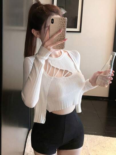 Bộ 2 món áo cardigan dệt kim mùa xuân/hè mới dành cho nữ, áo vest khoét lưng, bộ đồ hai mảnh phong cách Hàn Quốc mềm mại dáng ngắn.
