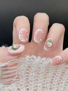 10片/套美甲贴片！草莓水果造型，四季草莓软萌设计，手绘豹纹，闪亮猫眼，超可爱手工美甲贴片！ - 彩色 - 查看 2