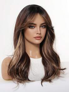 Peluca sintética de 20 pulgadas de largo con ondas de agua y flequillo, con reflejos marrones - resistente al calor, aspecto natural para mujeres y hombres - perfecta para uso diario y fiestas de Halloween - Resaltar marrón - Ver 6