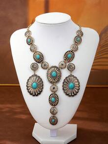 Bộ 3 món trang sức mặt dây chuyền và hoa tai khảm ngọc lam phong cách Boho cổ điển, họa tiết hoa chạm khắc, quyến rũ phương Tây để đeo hàng ngày - Bộ hình bầu dục cổ điển - Xem 6