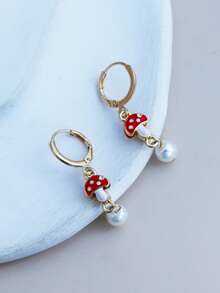 1 Pair New Ins Style Cute Cartoon Drip Oil High-End Alloy Double-Layer Tassel Earrings, Mixed Color Heart Shaped Handmade Earrings, DIY Jewelry Accessories - Mushroom - View 1