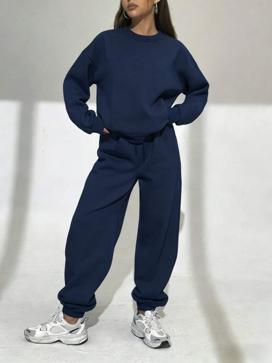 Women's Autumn And Winter Two-Piece Suit, Solid Color Simple Sweatshirt And Sweatpants, Sports Casual Style Suitable For Home, Travel, Sports, Etc. - 藍色 - 查看 1