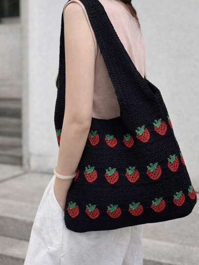 Jednoczęściowa torba typu tote z dzianiny żakardowej w kolorze czarno-białym z truskawkami | Duża pojemność, otwierana od góry, lekka | Torebka na ramię w koreańskim stylu Sweet Girl | Letnia torebka plażowa dla kobiet, idealna do szkoły, na codzienne dojazdy, randki, zakupy, wiosenne i letnie podróże oraz wakacje
