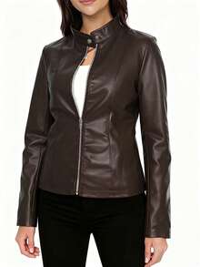 Women's Fashionable Casual Solid Color Long Sleeve Motorcycle Style Zipper PU Leather Jacket, Suitable For Spring, Autumn And Winter - Brown - View 4