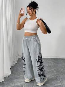 1件装女士加大码时尚休闲高腰弹力荷叶边阔腿裤，秋冬印花带口袋春季款 - 灰色 - 查看 8