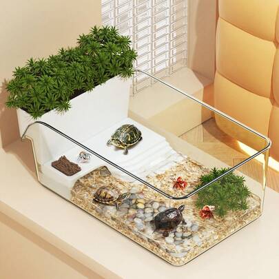 1 قطعة حوض سلحفاة منزلي فاخر، حوض سمك مكتبي للتخزين، إسكان سرطان البحر، حوض مائي قائم بذاته عالي الشفافية، فصل جاف-رطب، محاكاة للموطن الطبيعي، ثنائي الحياة المائية والبرية، مع منصة للشمس ومنطقة للتغذية، مناسب للزواحف، سهل التنظيف، حوض سلحفاة، صندوق تربية الزواحف، لعشاق الحيوانات الأليفة