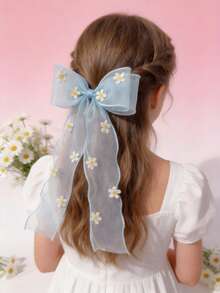 1pc Girl's Fresh Mesh Embroidered Floral Bow Ribbon Hairclip - Baby Blue - View 4