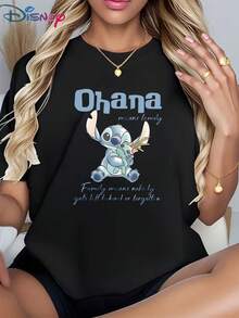Disney Soft Cotton Women's Loose Pullover T-Shirt,  Lilo & Stitch Ohana Family Graphic, Cute Summer Everyday Outfit, Short-Sleeve TeeCrafted From Soft, Comfortable, And Durable Pure Cotton Fabric, This Round-Neck T-Shirt Is An Ideal Choice For The Spring And Summer Seasons. Suitable For A Wide Range Of Occasions-Including Daily Wear, Shopping, Parties, Travel, And Social Gatherings-It Also Makes For An Exquisite Gift. - Black - View 1