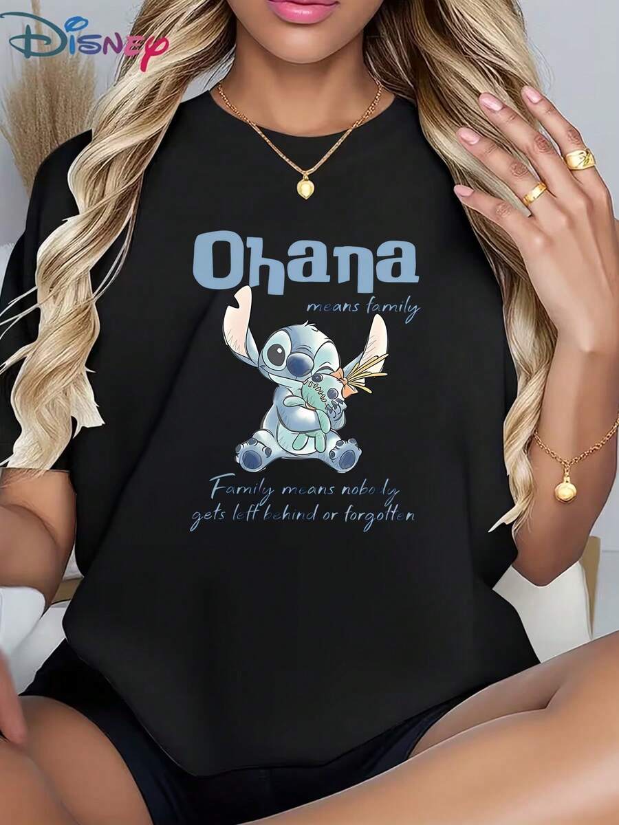 Disney Soft Cotton Women's Loose Pullover T-Shirt, Lilo & Stitch Ohana Family Graphic, Cute Summer Everyday Outfit, Short-Sleeve TeeCrafted From Soft, Comfortable, And Durable Pure Cotton Fabric, This Round-Neck T-Shirt Is An Ideal Choice For The Spring And Summer Seasons. Suitable For A Wide Range Of Occasions-Including Daily Wear, Shopping, Parties, Travel, And Social Gatherings-It Also Makes For An Exquisite Gift. - Black - View 1