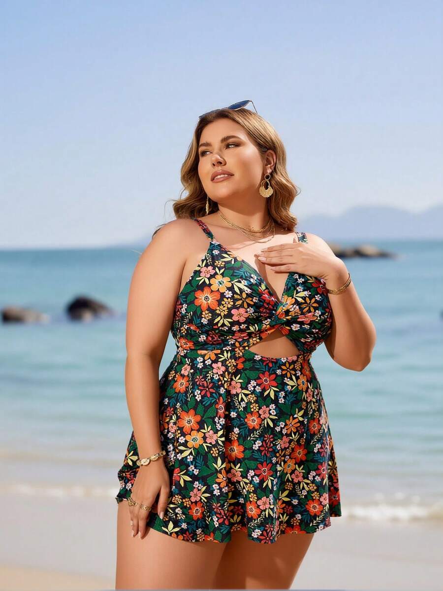 Large Retro Floral Skirt Style Swimsuit For Women, V-Neck, Twisted Knot, Hollow Out To Cover The Belly, Slimming And Refreshing Vacation Style Swimsuit - Hoa - Xem 1
