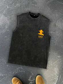 加大码男士休闲复古水洗圆领无袖背心 - 黑色 - 查看 3