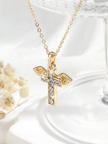 时尚铜合金锆石吊坠，可爱花瓣造型高端项圈链，适合日常佩戴 - 翅膀十字架吊墜 - 查看 3