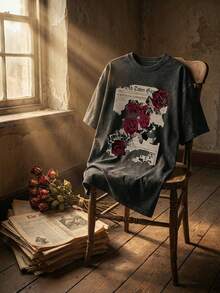 Women's Vintage Newspaper Print Short Sleeve T-Shirt - Plus Size Retro Patchwork Style Casual Round Neck Tee For Summer, Suitable For Casual Wear, Layering - Machine Washable Vintage T-Shirt Black - Black - View 9