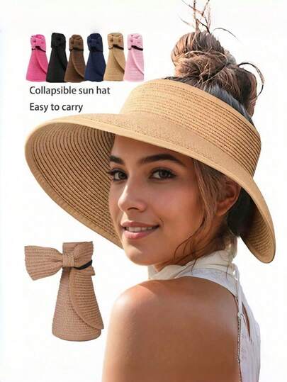 Mũ che nắng cho nữ, vành rộng, chất liệu rơm, có thể cuộn lại, kiểu đuôi ngựa, mũ mùa hè đi biển, chống tia UV UPF, có thể gấp gọn, du lịch, phong cách boho có nơ.