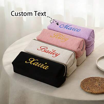 [Personalizable] Estuche de lápices con nombre personalizado, bolsa de papelería personalizada | Rosa/Morado/Beige - Organizador de gran capacidad para útiles escolares y cosméticos. Adecuado para niñas; cuenta con material de pana resistente y cierre de cremallera - Perfecto para adolescentes, mujeres y estudiantes.