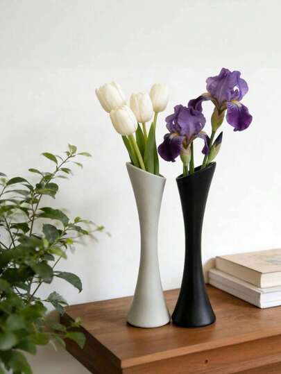 1 Bình hoa nhựa giả dáng nghiêng tối giản, màu đen trắng, kiểu dáng retro chất lượng cao, cao 19,09 inch, thiết kế eo thon gọn - Thích hợp để cắm hoa, trang trí phòng khách, ban công, hành lang, bàn cà phê, tủ TV, phòng ngủ, phòng học, lối vào, đám cưới, văn phòng, tiệc tùng, tân gia, ngày Valentine (Không bao gồm hoa)