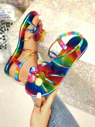 1 Pair Gold Flower Design Beach Sandals, Casual Fashionable Sexy Gold Floral Decor Elastic Flat Sandals - Suitable For Beach, Dates, Gatherings, Outdoor, Must-Have For Indoor And Outdoor