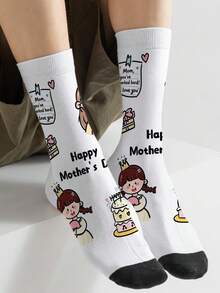 1 Pair Limited Edition Cartoon Crew Socks For Mother's Day, With Kiss And Hug Patterns, 360° All-Over Printing, Perfect Gift For Mother's Day - White - View 7