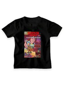 Camiseta infantil estampada, camiseta de manga curta macia com desenhos divertidos, feita de algodão de alta qualidade para maior maciez, 220g de algodão. - Preto - Ver 1