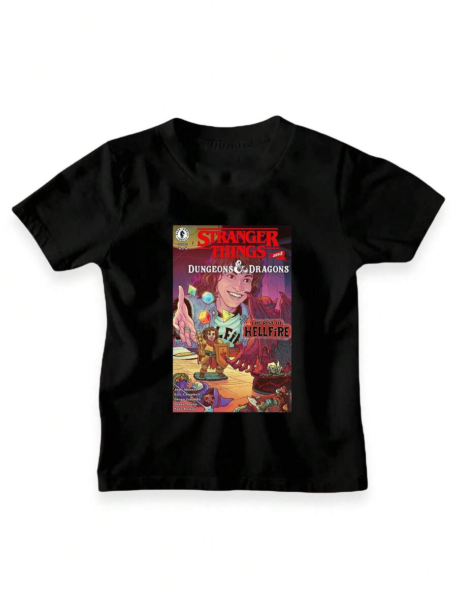 Camiseta infantil estampada, camiseta de manga curta macia com desenhos divertidos, feita de algodão de alta qualidade para maior maciez, 220g de algodão. - Preto - Ver 1