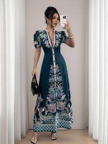 Elegant A-Line Dress For Women, Deep V-Neck, Short Puff Sleeves, Front Button Closure, Slit Hem, Suitable For Formal Occasions, Dinner Dates For Ages 20-35+ Summer - Green - View 1