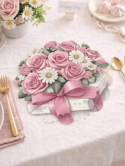 4Pcs Pink Rose&Gift Box Design Linen Placemat,Wedding Dining Table Mats,Western Meal Table Pad,Wedding Decor,Bridal Shower Favors,Table Centerpiece,Birthday Party Decor,Wedding Banquet Decorations,Anniversay Decor,Home Decor,Kitchen Decor,Table Decor