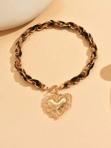 1条创意豹纹棉质编织金链项链，搭配复古蕾丝质感心形吊坠，长度可调节，适合日常佩戴和派对场合。 - 多色1 - 查看 3