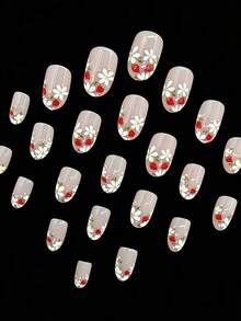 24片裸色草莓造型美甲贴纸，短款椭圆形可爱假指甲，柔和裸色底色搭配甜美草莓图案。白色花朵设计，适合所有季节（春、夏、秋、冬），亚克力材质，短款椭圆形，通勤、春季郊游、花园派对等场合的理想之选，亮面设计 - 彩色 - 查看 5