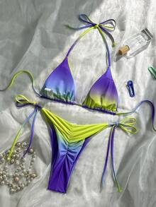 夏季性感时尚渐变水钻吊坠挂脖比基尼两件套，适合海滩、度假、游泳、邮轮等场合 - 藍綠色 - 查看 5