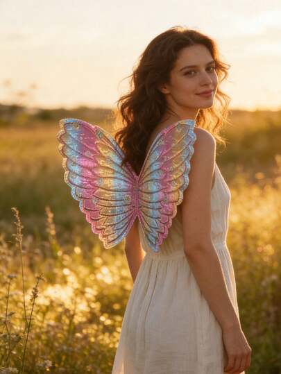 女士渐变闪光蝴蝶仙女翅膀背包装饰，生日派对昆虫翅膀服装，节日舞会翅膀配饰，成人森林角色扮演服装翅膀道具