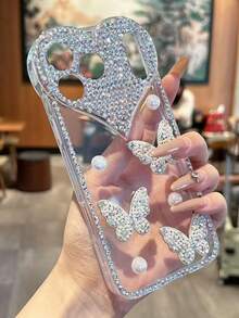 手工水钻蝴蝶结设计防震手机壳，适用于 11/12/13/14/15/16/17 Pro/Pro Max，个性化创意 - 無色 - 查看 3