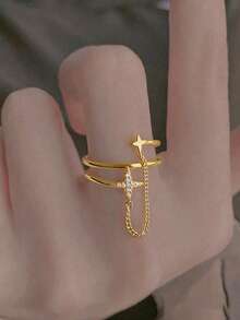 1pc Double Layer Cross Chain Meteor Ring, Unique Statement Design, - Yellow Gold - View 3