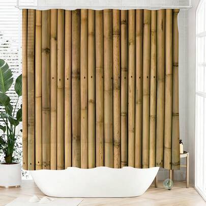 Cortina de ducha de valla de bambú elegante - Impermeable, antivaho, incluye ganchos, material de poliéster lavable a máquina, decoración de baño/Navidad