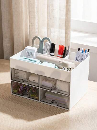 1个带隔层的桌面收纳盒，实用抽屉，非常适合桌面整理，多功能收纳盒，可存放文具、办公用品、化妆品、笔筒，是返校必备品。